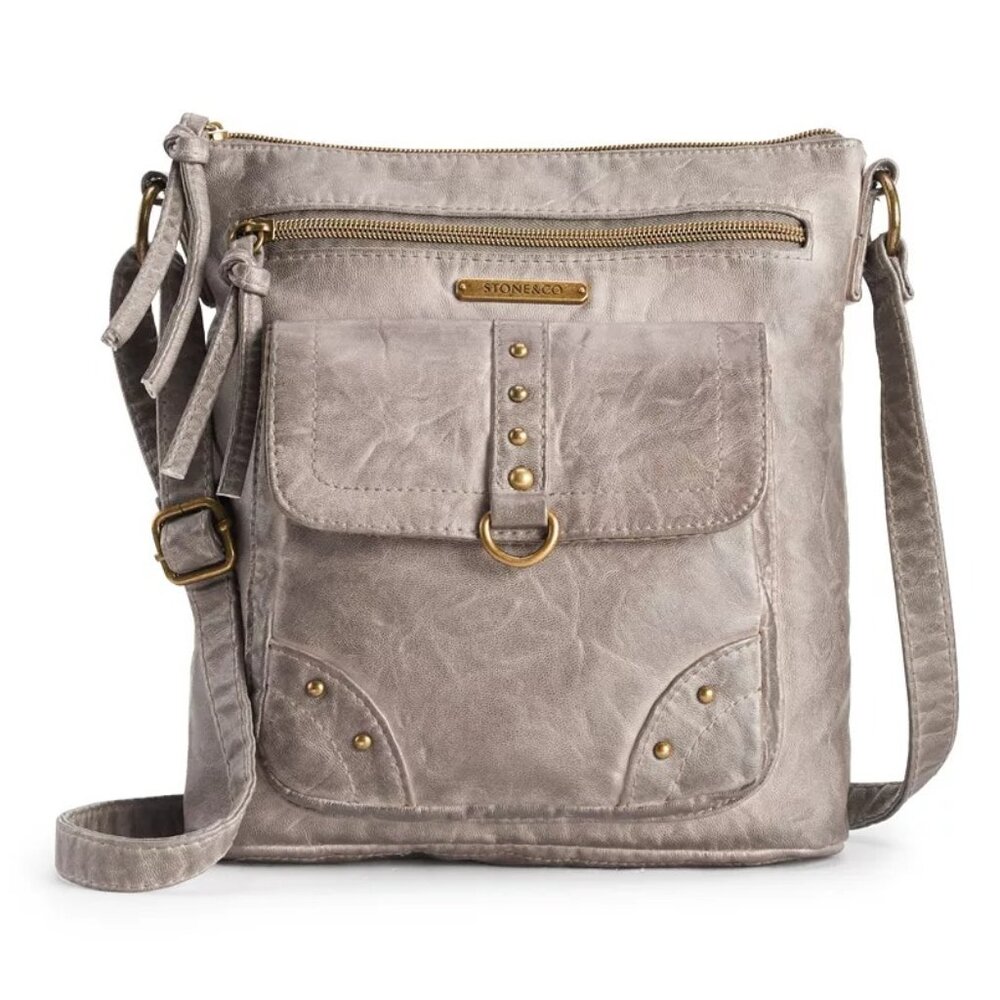 Stone & Co Smokey Mountain Gray Taupe Leather Crossbody Shoulder Purse Handbag